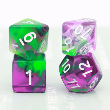 Green/Purple/Clear Set of 7 Aurora Polyhedral Dice with White Numbers for D20 based RPG's