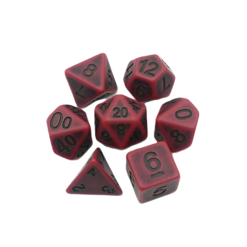 Red Set of 7 Ancient Polyhedral Dice with Black Numbers for D20 based RPG's