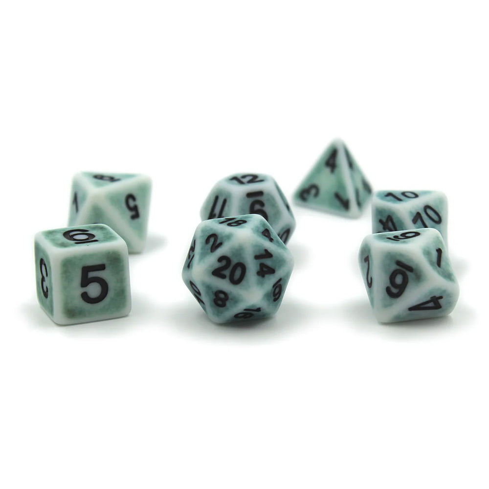 White Set of 7 Ancient V2 Polyhedral Dice with White Numbers for D20 based RPG's