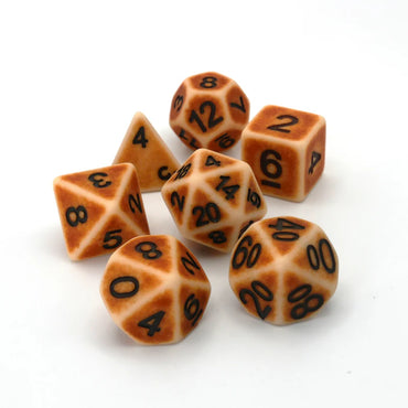 Bone Set of 7 Ancient Polyhedral Dice with Black Numbers for D20 based RPG's