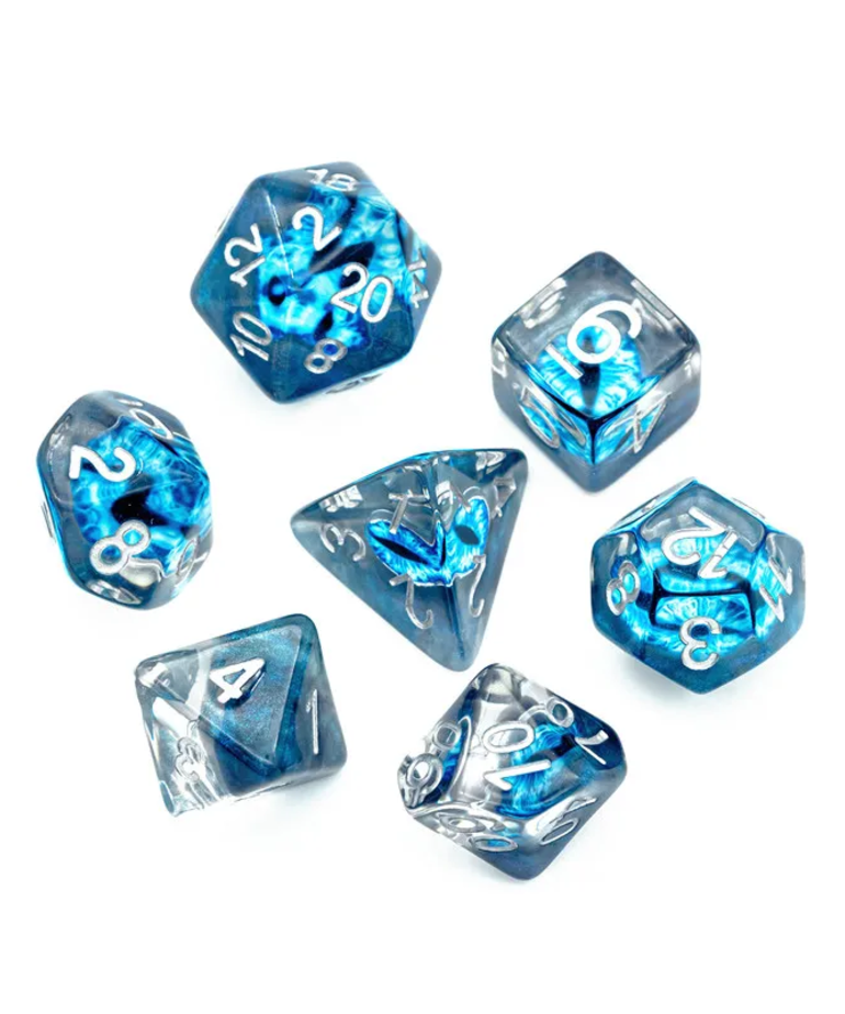 Blue Set of 7 Demon Eye Polyhedral Dice with White Numbers for D20 based RPG's