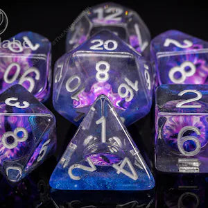 Purple Set of 7 Demon Eye Polyhedral Dice with White Numbers for D20 based RPG's