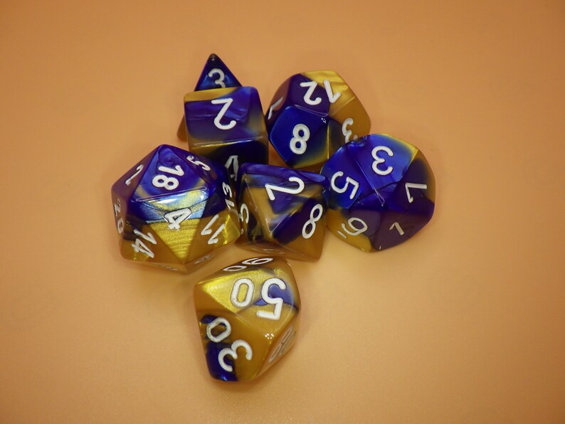 Blue/Gold Set of 7 Fusion Polyhedral Dice with White Numbers for D20 based RPG's