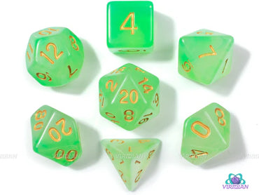 Green Set of 7 Cloudy Polyhedral Dice with Gold Numbers for D20 based RPG's