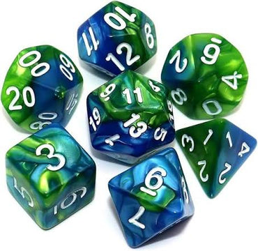 Blue/Green Set of 7 Fusion Polyhedral Dice with White Numbers for D20 based RPG's