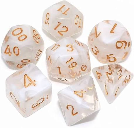 White Set of 7 Cloudy Polyhedral Dice with Gold Numbers for D20 based RPG's