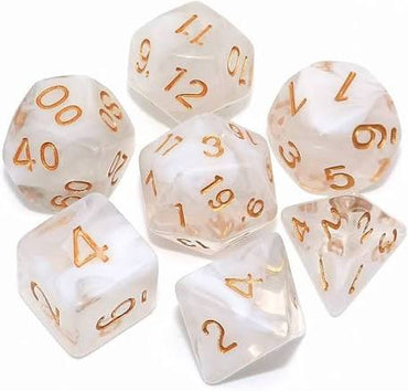 White Set of 7 Cloudy Polyhedral Dice with Gold Numbers for D20 based RPG's