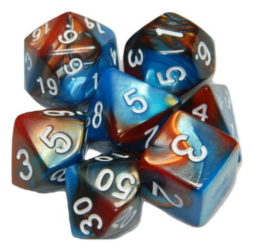 Blue/Copper Set of 7 Fusion Polyhedral Dice with Gold Numbers for D20 based RPG's
