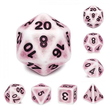 Pink Set of 7 Ancient Polyhedral Dice with Black Numbers for D20 based RPG's